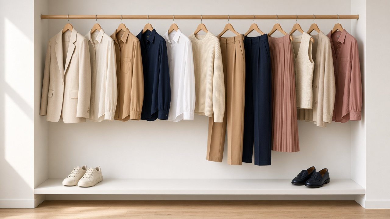Arara branca com doze peças coordenadas em creme, caramelo, azul-marinho, branco e rosé, e dois pares de sapatos na prateleira