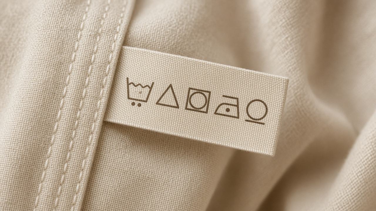 Etiqueta de tecido costurada na costura interna de uma blusa bege, com cinco símbolos de cuidado